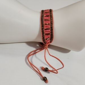 Handwoven Pink and Brown Geometric Bracelet Adjustable Fit